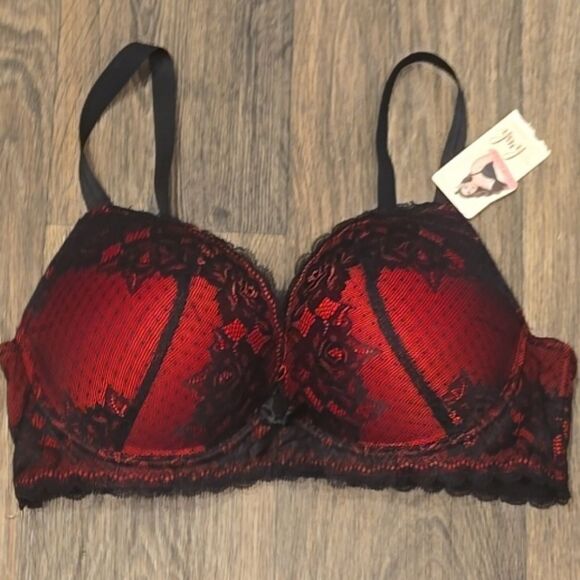 Hush Intimates Red Lace Overlay Push-Up Plunge Bra - Picture 3 of 4